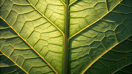 Macro View of Green Leaf Veins Illuminated by Backlight Showing Intricate Network veining Background