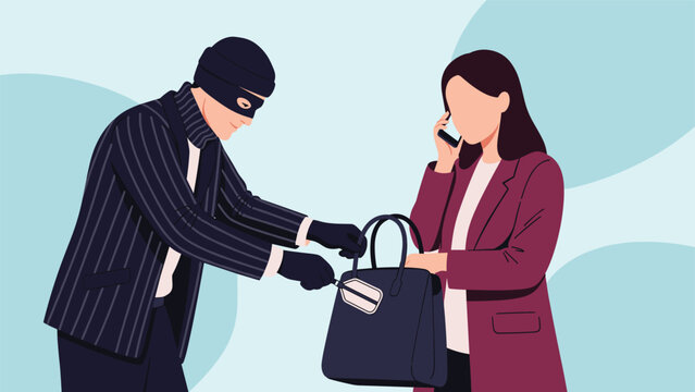 A thief in a mask and striped shirt discreetly pickpocketing a wallet from a woman's handbag while she is on her phone.