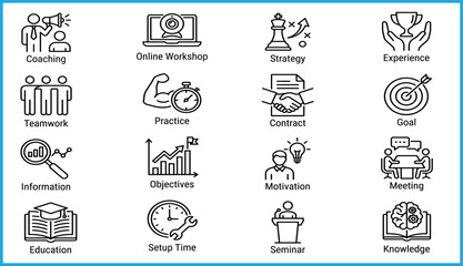 Set of 16 black line icons for professional development, training, and business strategy, ideal for vector illustration content