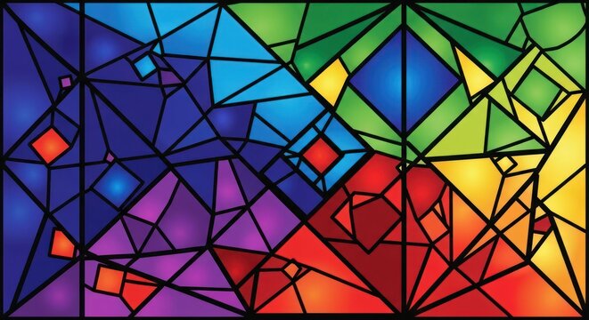 Abstract stained glass window with geometric shapes and vibrant colors - Powered by Adobe