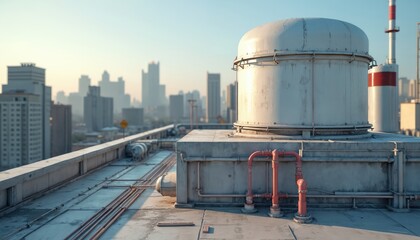 Obraz premium Building rooftop utilities complex with large tanks and pipes. Industrial HVAC equipment against cityscape skyline. Mechanical systems on urban roof.