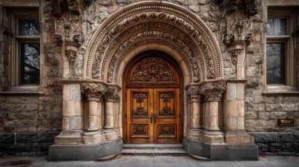 Fototapeta premium Ornate carved wooden double doors under a detailed stone archway. Windows flank the portal. The building is made of stone