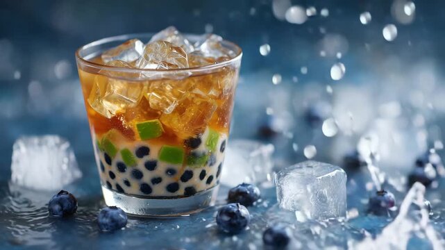 Close-up of a colorful fruity boba drink with ice cubes, vibrant tapioca pearls visible, glass surrounded by splashing water, bright studio lighting highlighting condensation