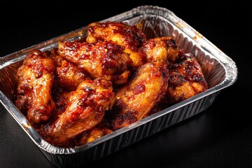 Fototapeta premium crispy crunchy glazed chicken wings served in an aluminium tray, food photography for restaurant menu, top view --no seeds --ar 3:2 --v 7 Job ID: 7135d7b0-1469-4a97-bbd8-568b0faa4604