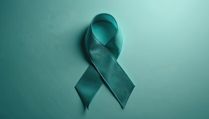 Teal ribbon symbolizes fight against ovarian and cervical cancer. Reproductive health awareness, women health matters. Support for female disease prevention and research.