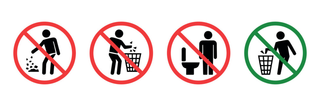 Keep Clean Vector: Waste Disposal Signs and Trash Bin Symbols for Garbage and Rubbish