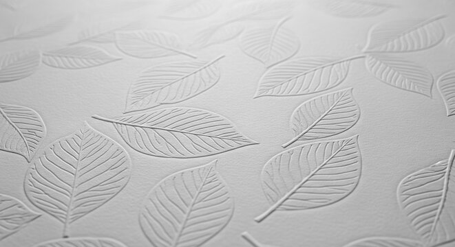Delicate botanical leaf patterns embossed on soft textured paper background