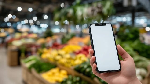 Close-up of hand gripping smartphone with blank screen, supermarket aisles behind filled with fruits, vegetables, and packaged goods, soft depth-of-field effect