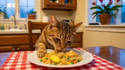 cat eating fried rice