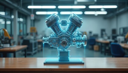 Futuristic workshop displays glowing engine hologram. Blue light illuminates V twin motor model. Advanced engineering and mechanics display.