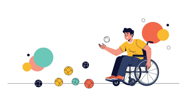 A happy young man in a wheelchair playing boccia, a precision ball sport for athletes with disabilities.