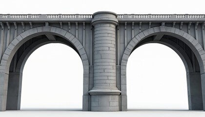 Fototapeta premium Concrete arch bridge structure made of stone blocks. Large arches support a roadway above. Facade shows detailed stonework and balustrade. Industrial design.