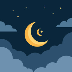 Fototapeta premium A beautiful Ramadhan night sky with a crescent moon, stars, and clouds, perfect for greeting cards and social media posts