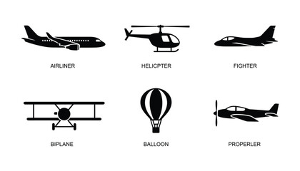 Set of aircraft vector sign simple flat illustration creative icon in glyph solid style. © GoDesigner