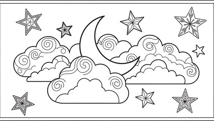 Crescent Moon and Stars in Clouds.