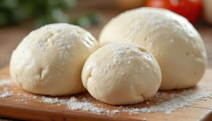 Three balls of uncooked pizza dough rest on a wooden cutting board lightly dusted with flour. Ingredients for Italian baking, restaurant preparation, or home cooking.