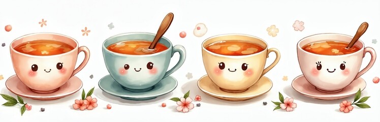 Cute cartoon tea cups with faces smile on white background with flowers. Adorable kawaii drink ware collection for children party invites or cafe decor.