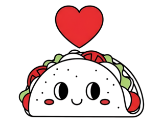 A cute cartoon taco with a heart above it smiling and looking adorable