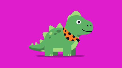 Fototapeta premium Cute Green Dinosaur with Spotted Scarf on Pink Background.