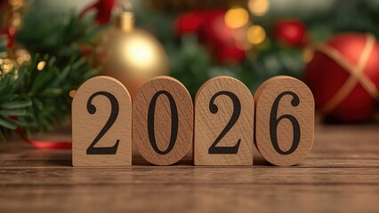 Elegant festive New Year 2026 scene with wooden number blocks and Christmas decorations, golden baubles, green fir branches, red ornaments, bokeh lights, on rustic wooden table
