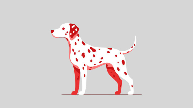 Dalmatian dog standing in profile with red spots on a light background.