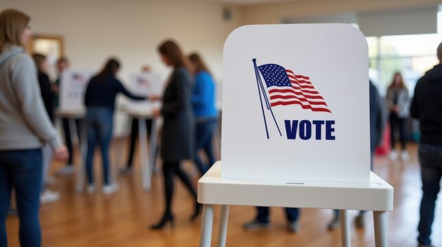 Vote booth at a busy polling station, USA Election Day, wide, copyspace, blurred background 
