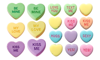 Valentine conversation heart set assorted messages isolated on transparent background