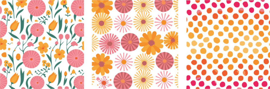 floral tile pattern collection with stylized flowers and leaves