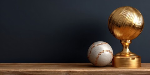A sleek golden baseball trophy displayed on a wooden surface, symbolizing sports achievement, victory, and championship success highlights athletic recognition, excellence, and competition triumph.