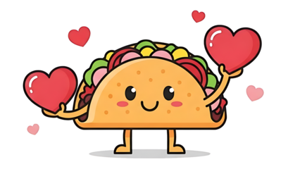 A cheerful cartoon taco character with hearts spreading love and joy in a playful and whimsical way always