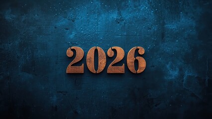 Golden wooden numbers 2026 displayed prominently on a dark, textured, moody blue background with scattered light particles for a festive New Year celebration
