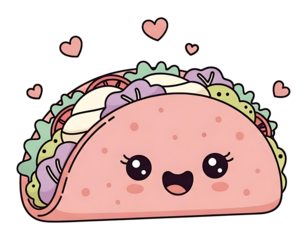 Cute cartoon taco with hearts on black background