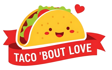 Taco bout love cartoon character with smiling taco and heart