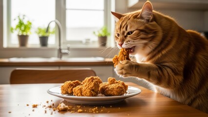 cat eating fried chicken