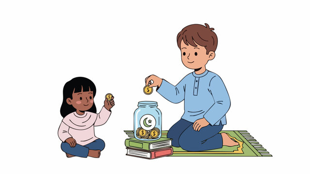 Two children sitting on a mat, putting coins into a piggy bank with books underneath, conveying a thrifty and educational mood.