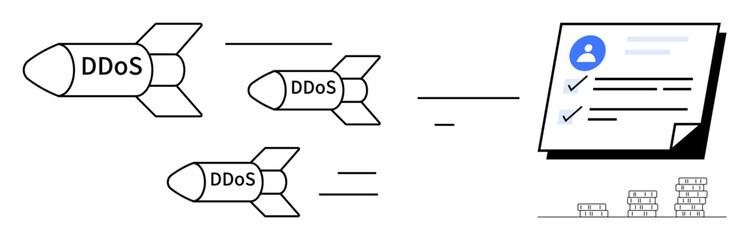 Missiles labeled DDoS targeting a user profile checklist, indicating a cybersecurity threat. Ideal for cyber defense, networking, IT security, online safety, data threats, risk awareness, simple flat