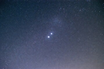 Dark night sky full of stars with two very bright celestial objects.