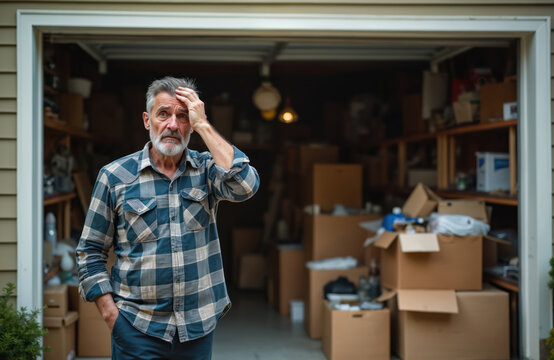 Confused man stands outside his cluttered garage. Boxes fill the space, creating chaos and disarray. He looks perplexed, hand on his head, thinking about home organization problems.