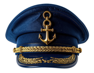 A detailed studio shot of a naval officer's cap with a gold anchor emblem and braided embellishments