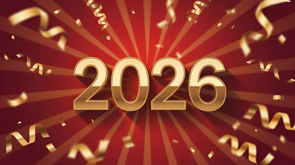 New Year 2026 Celebration with Golden Numbers and Ribbons in Red Background with Sparkling Lights for Party Invitation