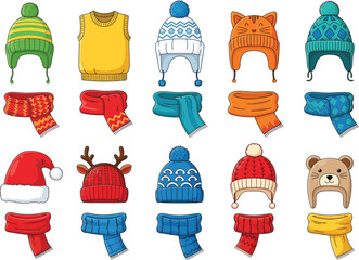 Collection of cozy winter hats and scarves for kids