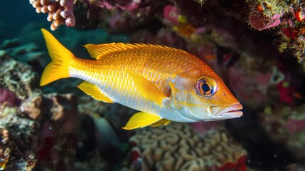 Vibrant yellow fish swimming near colorful coral reef