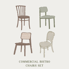 isolated bistro chairs furniture set in minimal flat line art style element collection. Classic cafe and restaurant chairs with clean hand drawn outlines. Vintage European bistro wood and rattan