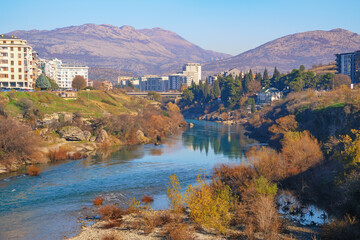 Montenegro. View of  Podgorica city and Moraca river on sunny winter day