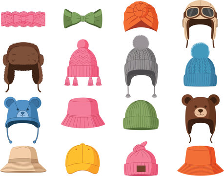 Collection of colorful winter hats and accessories for children
