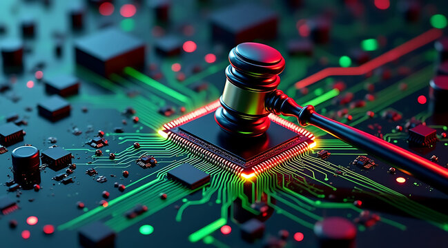 Metal gavel on microchip with neon circuit lines, legal technology concept, cyber law enforcement and regulation mood