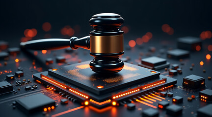 Gavel on glowing computer chip symbolizes technology law enforcement and digital justice, dramatic lighting evokes authority and urgency