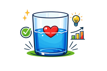Obraz premium Motivational graphic with heart in water glass, check mark, lightbulb, and growth chart
