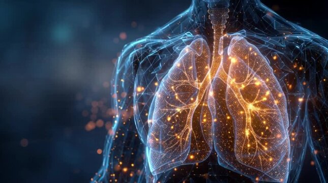 X-ray image of human lungs with a glowing, illuminated network and orange particles on a dark background.