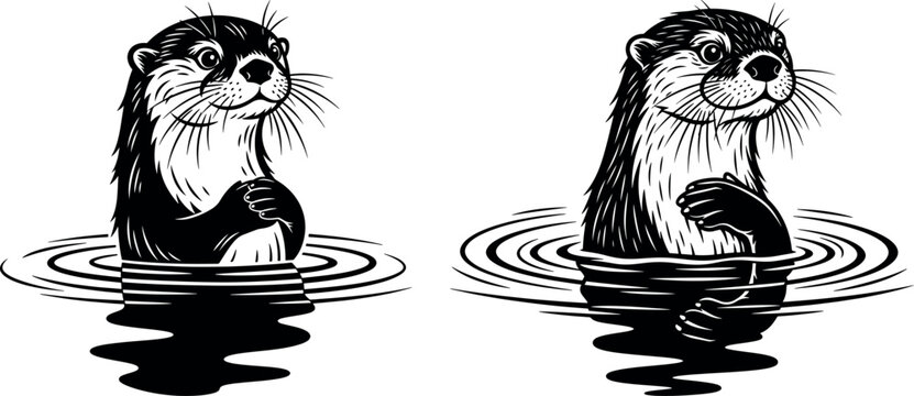 Charming hand-drawn illustrations of a cute otter swimming in water